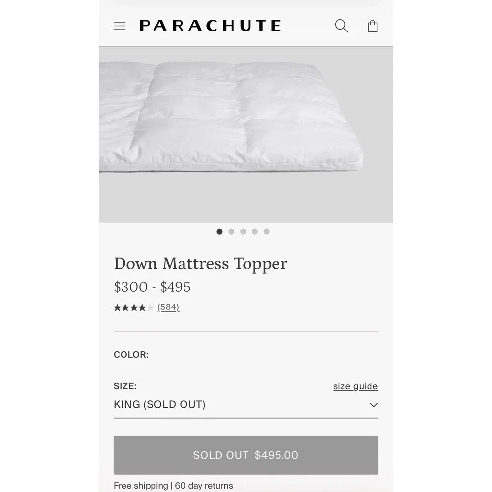Parachute King Down Mattress Topper 750 Fill Power White